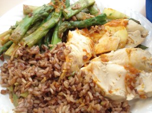 close up of chicken asparagus rice lunch